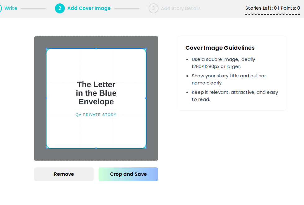 Short Story Lovers square cover image cropper and cover image guidelines