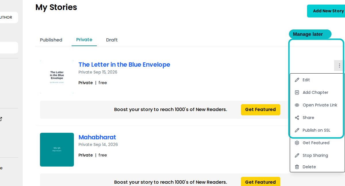 My Stories Private tab with Edit Share Publish on SSL and Stop Sharing actions