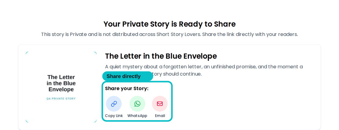 Private Story Ready screen with Copy Link WhatsApp and Email sharing options