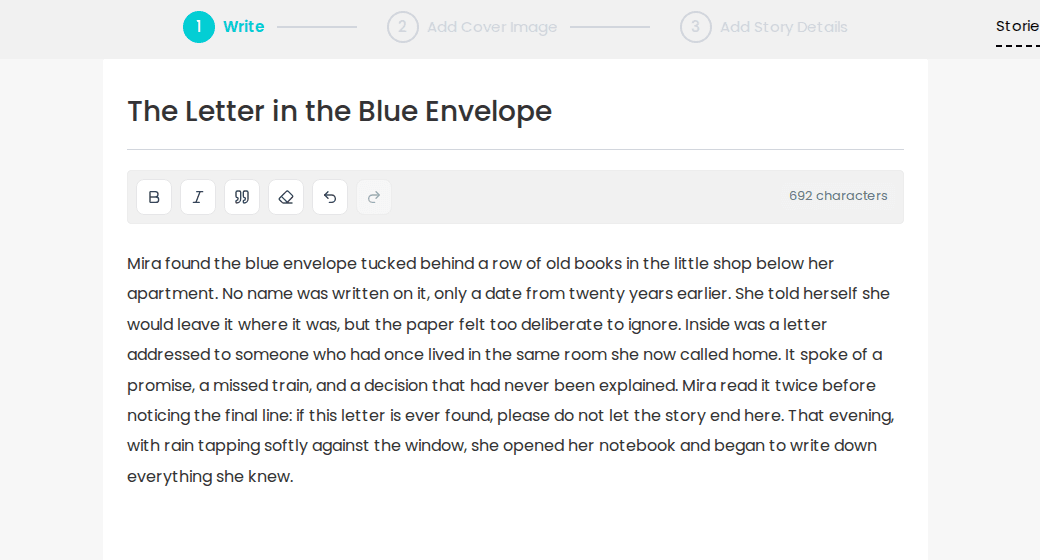 Short Story Lovers story editor with autosaved story content