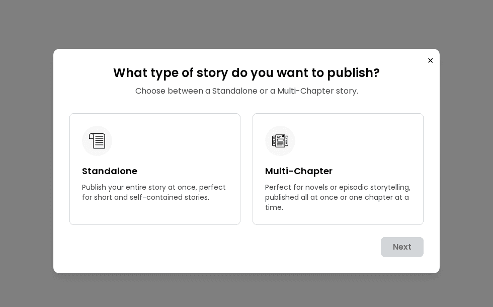 Choose Standalone or Multi-Chapter story format on Short Story Lovers