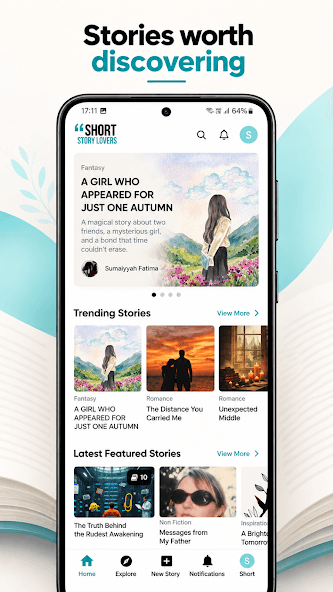 Actual Google Play screenshot showing the Short Story Lovers Android reading homepage
