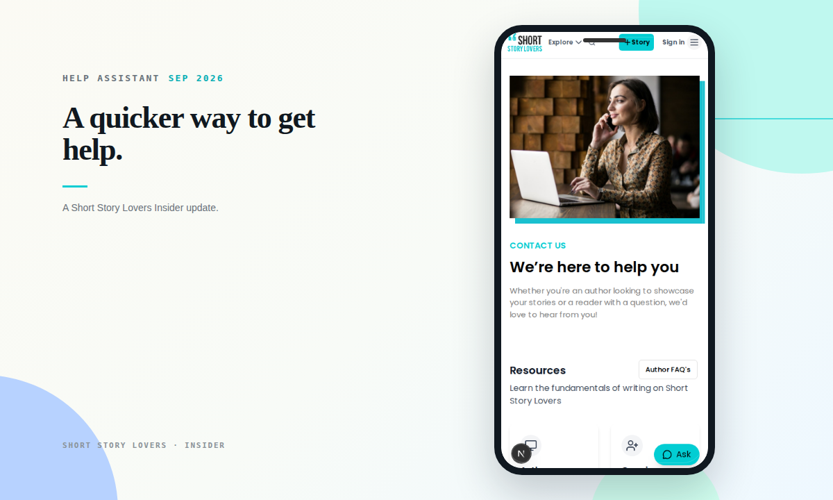 Short Story Lovers Contact and Help page with the Help Assistant entry point shown in a mobile frame